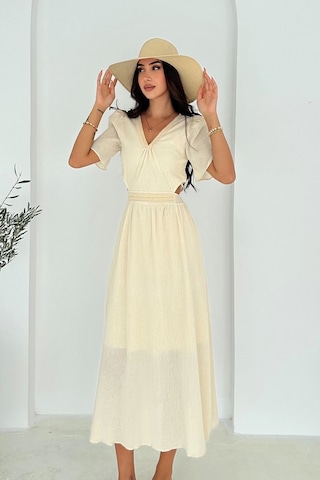 Asprin Fashion Beli Açık Garnili Krinkıl Keten Elbise Krem Krem