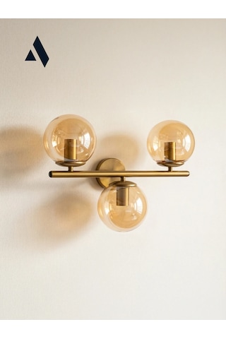 Trivon Üçlü Cam Aplik Beyaz & Bal Renk Seçenekli, Gold Metal Gövde Modern Duvar Aydınlatma Bal