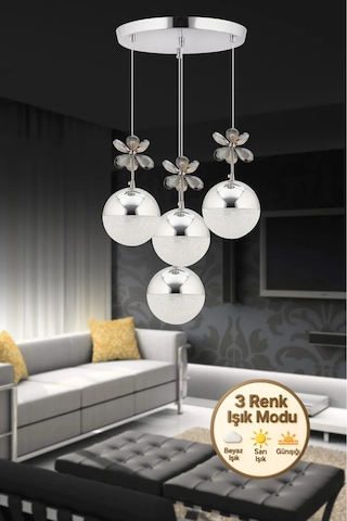 Kelebek 4'lü Gümüş Sarkıt 3 Renk Kademeli Ledli Kristal Taşlı Modern Led Avize Krom