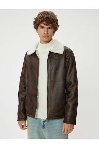 Koton Suni Deri Ceket İçi Peluşlu Slim Fit Gömlek Yaka Kahverengi 5wam20053hw Kahverengi