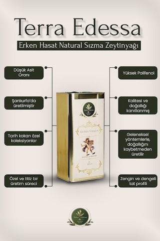 Terra Edessa Olio High Quality Olive Oil Erken Hasat Natürel Sızma Zeytinyağı - 5 Litre - Mezopotamya'nın Bereketli Lezzeti