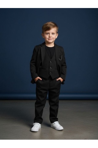 Zekids Erkek Çocuk Slim Fit 3 Lü Takım Elbise Ceket + Yelek + Pantolon -10333 Siyah
