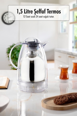 1.5 Lt Isı Yalıtımlı Çay Ve Soğuk Su Termosu Şeffaf 12 Saat Sıcak Tutar& İçi Camdır Çok Renkli