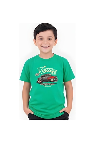 Fyk Kids Erkek Çocuk Yuvarlak Yaka İntage Car Baskılı T-shirt Yeşil