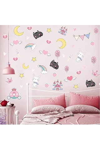 Karikatür Hayvan Bayrak Duvar Sticker Pvc Kendinden Yapışkanlı Çıkarılabilir Kendin Yap Tavşan Kedi Duvar Sticker Bebek Odası Dekorasyonu G77 Y67cm Şeffaf