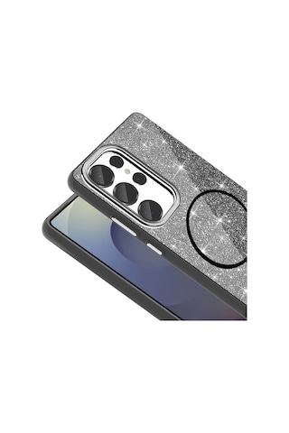 Samsung Uyumlu GalaxyS25 Ultra Kılıf M-safe Şarj Özellikli Parlayan Simli Okso Kılıf Siyah