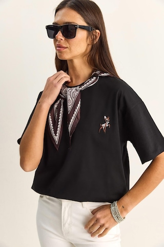 Shade Kadın Ceylan Nakışlı Fularlı Basic Salaş T-shirt 7517 60283977 - Siyah
