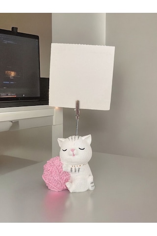 Yumak Tutan Kedi Not - Fotoğraf Tutuculu Biblo Obje Beyaz Pembe
