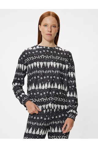 Koton Yılbaşı Temalı Pijama Üstü Baskılı Uzun Kollu Bisiklet Yaka Siyah Desenli 5wlk40007mk Siyah