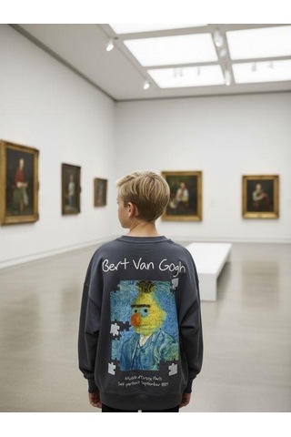 Zekids Erkek Çocuk Van Gogh Baskılı Tasarım Sweatshirt-16624 Füme