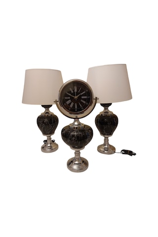 2'li Abajurlu Saatli Set Dekoratif Analog Saat - Siyah Siyah