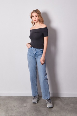 Fullamoda Basic Madonna Yaka Bluz 25ygb650126872-füme Füme