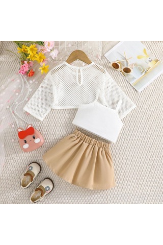 Yeşil Çocuk Giyim Kız Setleri Oymak Üst + Cami Üst + Haki Etekler 3 Adet Yaz Takım Elbise Setleri Kızlar Için 12M-6Y Çocuk Giysileri 12M-6Y Yeşil