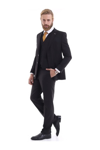Presto Erkek Yelekli Slimfit Kareli Takım Elbise 6 Drop Siyah 707-011 Siyah