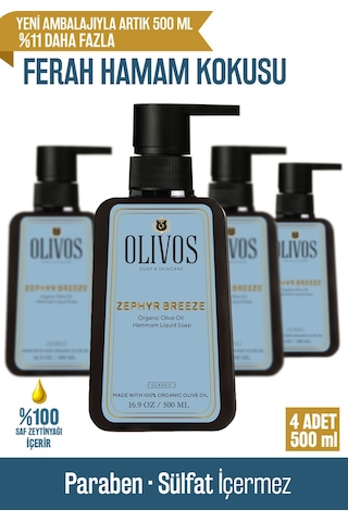 Doğal Zeytinyağlı Hamam Kokulu Sıvı Sabun Zeytinyağı El Sabunu Yoğun Nemlendirici 4 Adet 500 Ml