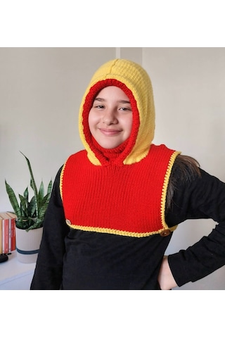 Kemzey Handmade El Yapımı Balaklava, Örgü Şapkalı Boyunluk , Yünlü Şapka Sarı - Kırmızı