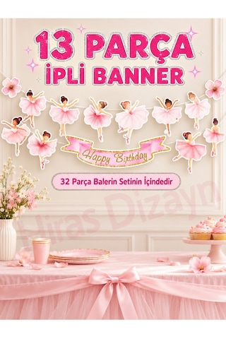 Hiras Dizayn Balerin Doğum Günü Süs Seti 32 Parça Banner Pasta Cupcake Standart