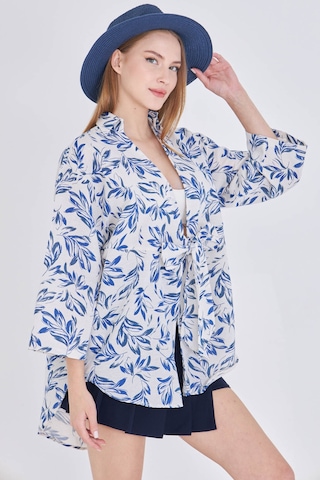 Armonika Kadın Saks-ekru Desenli Keten Görünümlü Önden Bağlamalı Kimono Gömlek Arm-24y001079