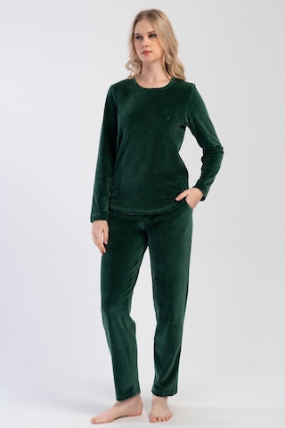 Kadın Kadife Uzun Kol Yeşil Pijama Takım C3t8n0o304 001