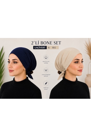 2'li Bej-lacivert Kadın Bone Esnek Ve Rahat Saç Bonesi, Günlük Kullanım Için Bone Bej - Lacivert