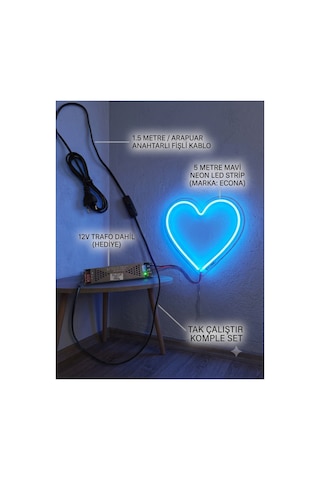 5mt Mavi Neon Led Seti 12 V Şerit Led Trafolu Tak Fişe Calistir,dekoratif Neon,esnek Veşekil Verilebilir Neon Şerit Led Mavi