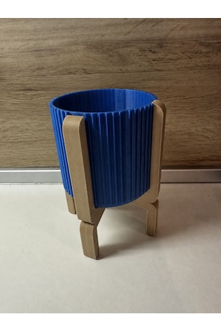 Vaveni 3d Baskı Ayaklı Çizgili Saksı - Bej Standlı Dekoratif Saksı - Mavi Arz