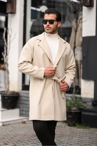 Mero Life Erkek Bej Kemerli Oversize Rahat Kesim Kaşe Kaban Bej