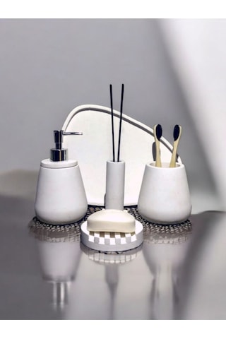 4'lü Kırık Beyaz Beton Banyo Seti Gri