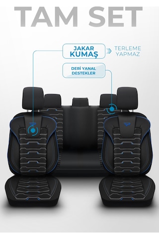 Siyah - Mavi Panda Sport Serisi Jakar Kumaş Oto Koltuk Kılıfı - Tam Set