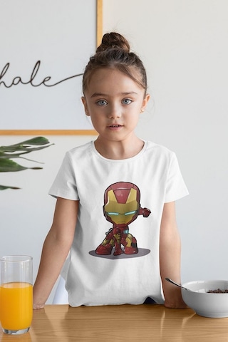 Sevbano Tasarım Ironman Demiradam Baskılı Unisex Film Kahramanı Çocuk Tiş Beyaz