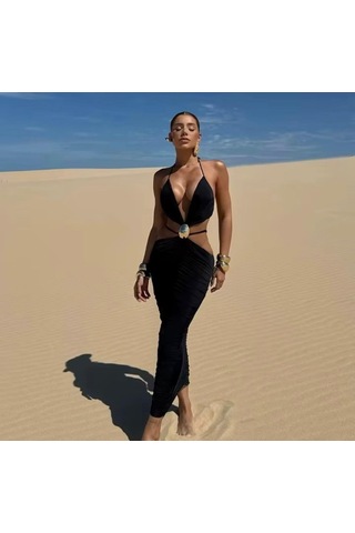 Pink Life Siyah Sandy Kumaş Toka Det.dekolteli Midi Elbise Siyah