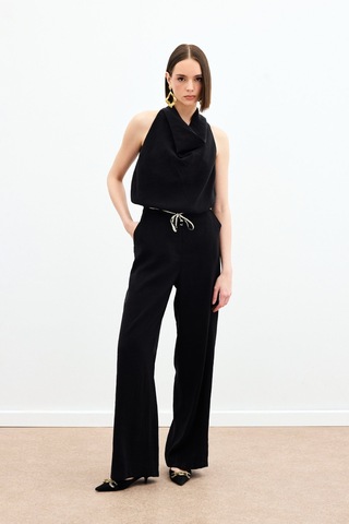 Sateen Örgü Kemerli Pantolon - Siyah-136168 Siyah
