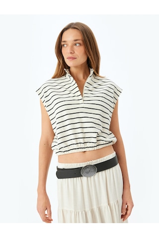 Koton Yarım Fermuarlı Dik Yaka Kolsuz Crop Çizgili Sweatshirt Siyah Çizgili 5wak10439ek Siyah