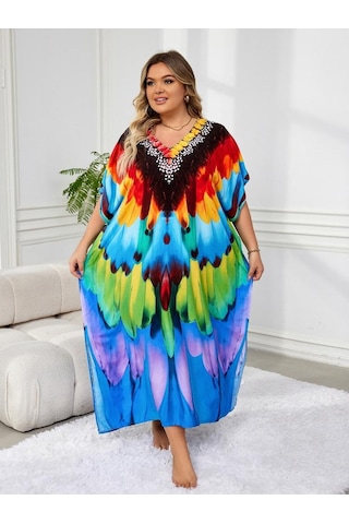 Edolynsa Şık Kadın Kaftan Bohem Renkli Bornoz Rahat Büyük Beden Moo Moo Elbise Taze Elbise Tatil Partisi Uzun Elbise Kıyafet Q1594 Çok Renkli