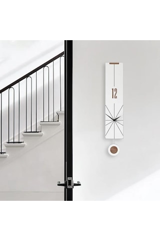 Cajuart Modern Uzun Ahşap Beyaz Çarpraz Çizgili Sarkaçlı Duvar Saati