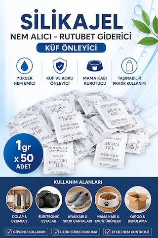 50 Adet 1 Gram Nem Alıcı Silikajel , Rutubet Giderici Küf Önleyici Mama Kabı Kurutucu Silika Jel