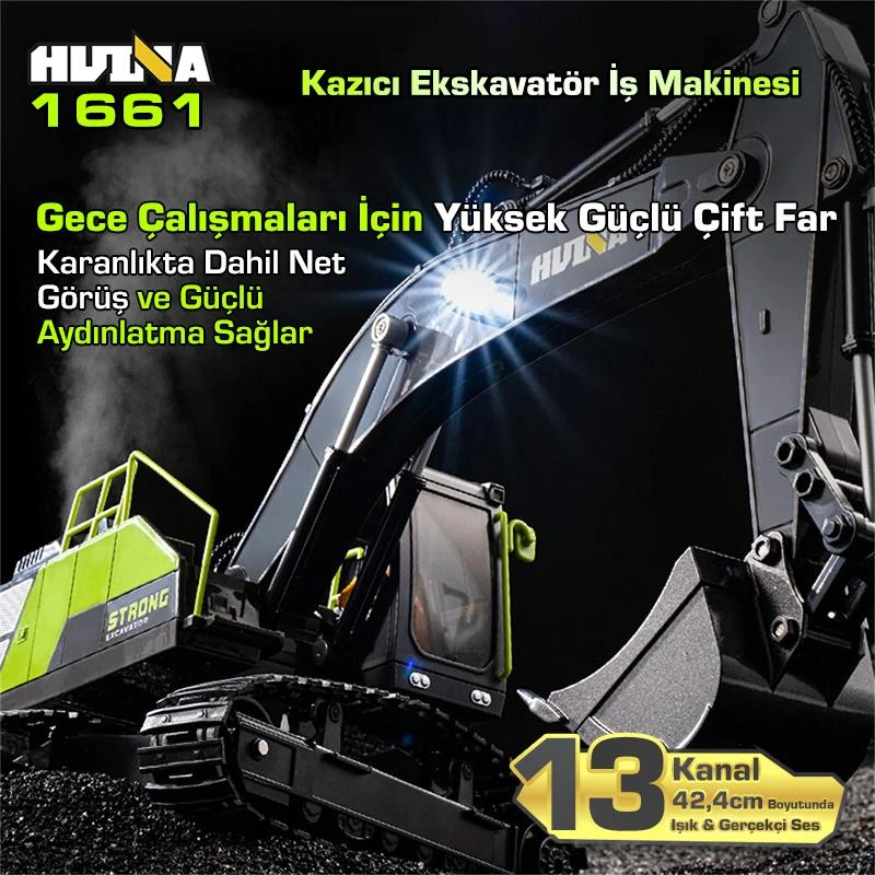 Huına 1661 1/18 13ch Kazıcı Ekskavatör İş Makinesi İnşaat Uzaktan Kumandalı Rc Model Metal Kepçeli - 2.4ghz Gerçekçi Similasyon Ses Ve Işık Sistemi