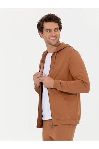Camel %100 Pamuk Tam Fermuarlı Kapüşonlu Sweatshirt Kahverengi