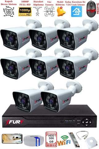 Fury 8 Kameralı 2mp Full Hd Görüntü 6 Atom Led Gece Görüşlü Dış Mekan Güvenlik Kamerası Seti 320gb