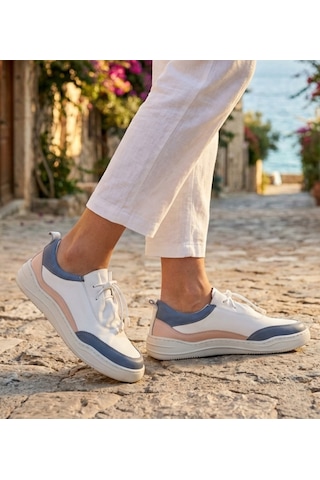 Twoegoist Kadın Hakiki Deri Spor Ayakkabı / Sneakers Beyaz - Mavi - Pembe