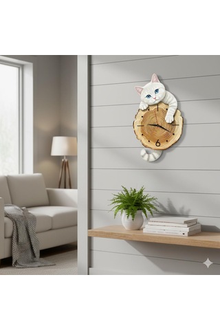 Cajuart Kütük Üzerinden Bakan Beyaz Kedi Tasarımlı Duvar Saati Modern Dekoratif Saat Beyaz