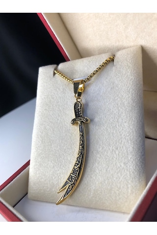 Zülfikar Kılıcı Hz.ali Altın Kaplama Çelik Kolye Işıklı Kutuda Sevgiliye Eşe Anneye Kolye Sarı