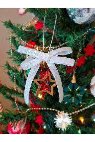 Paşateks 5li Set Simli Beyaz Fiyonk Askılı Yılbaşı Noel Ağaç Süsü Ve Dekoratif Kurdele