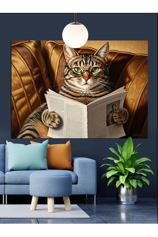 Kitap Okuyan Gözlüklü Kedi Dekoratif Kanvas - Mdf Ahşap Tablo