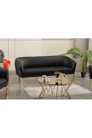 3 Kişilik Siyah Deri Gold Ayaklı Ofis Koltuk Takımı Ofis Kanepesi Makam Koltuk Takımı 3'lü Siyah