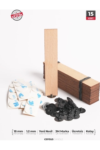 Ahşap Mum Fitili 18 Mm Genişlik Nikel Kaplama Çelik Taban, 3m Köpük Bantlı, 15 Li Set Ahşap