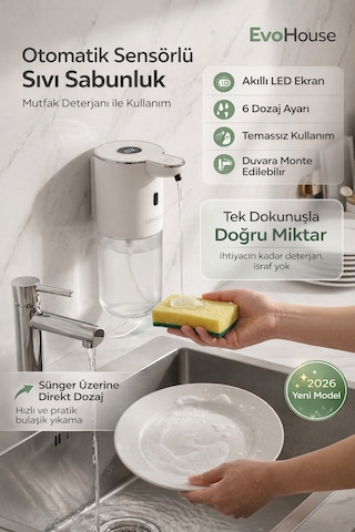 Otomatik Sensörlü Mutfak Deterjan-sıvı Sabunluk - Duvara Monte - P18s Model Beyaz