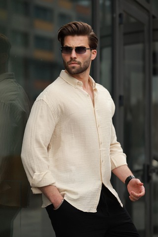 Madmext Bej Basic %100 Pamuklu Uzun Kollu Erkek Gömlek E6761 Bej