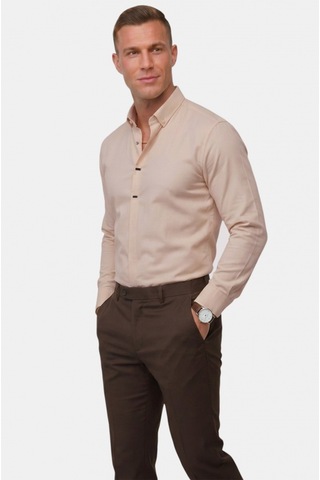 Deep Sea Deepsea Toprak Slim Fit Likralı Kolay Ütülenebilir Gizli Düğmeli Erkek Gömlek 2602614 Kahverengi