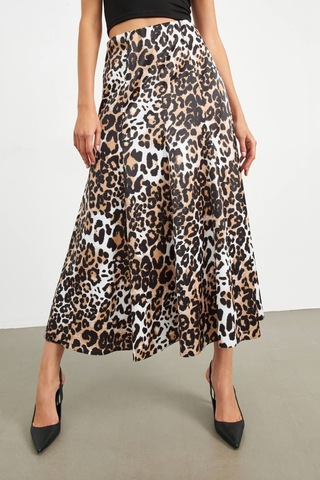 Stella Pulvis Kahverengi Leopar Desenli Beli Lastikli Saten Maxi Etek Kahverengi